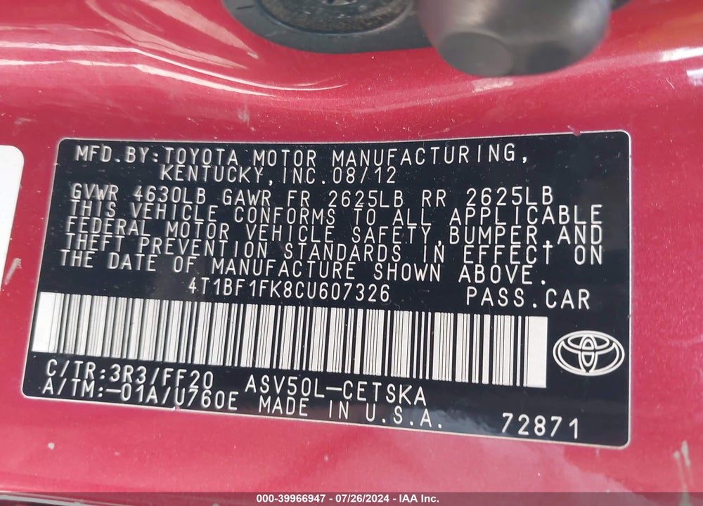 2012 TOYOTA CAMRY SE VIN: 4T1BF1FK8CU607326