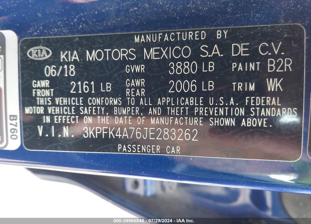 2018 KIA FORTE LX VIN: 3KPFK4A76JE283262