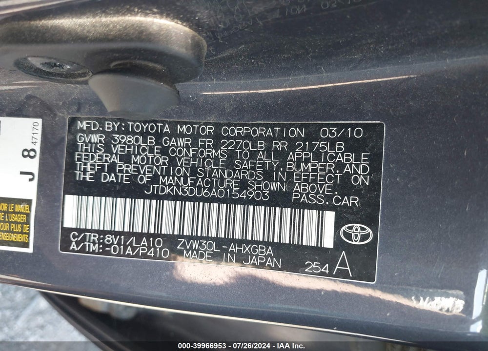 2010 TOYOTA PRIUS IV VIN: JTDKN3DU6A0154903