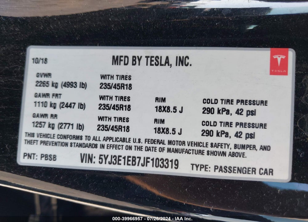 2018 TESLA MODEL 3 LONG RANGE/PERFORMANCE VIN: 5YJ3E1EB7JF103319