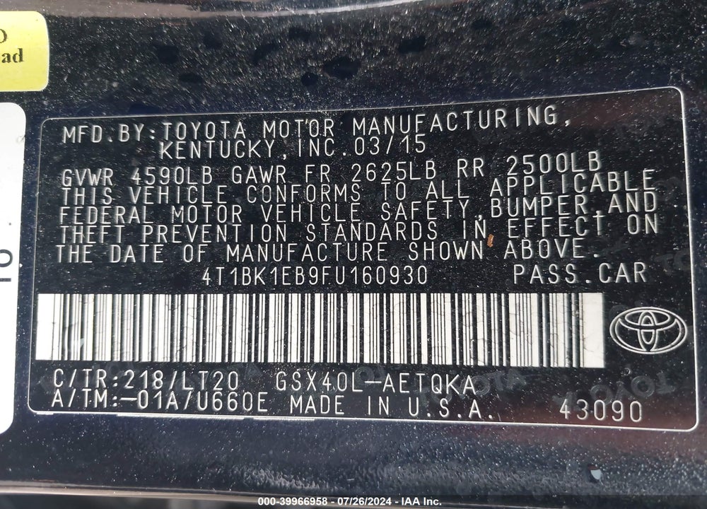 2015 TOYOTA AVALON VIN: 4T1BK1EB9FU160930
