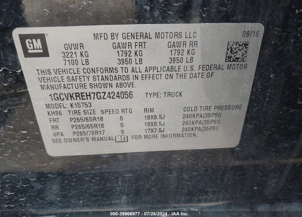 2016 CHEVROLET SILVERADO 1500 1LT VIN: 1GCVKREH7GZ424056