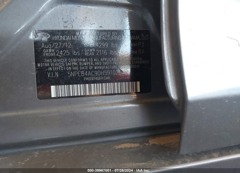 2013 HYUNDAI SONATA GLS VIN: 5NPEB4AC9DH591020