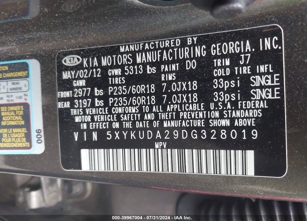 2013 KIA SORENTO EX V6 VIN: 5XYKUDA29DG328019
