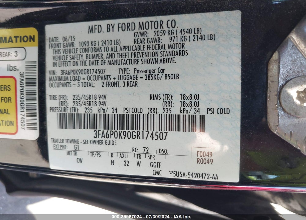 2016 FORD FUSION TITANIUM VIN: 3FA6P0K90GR174507