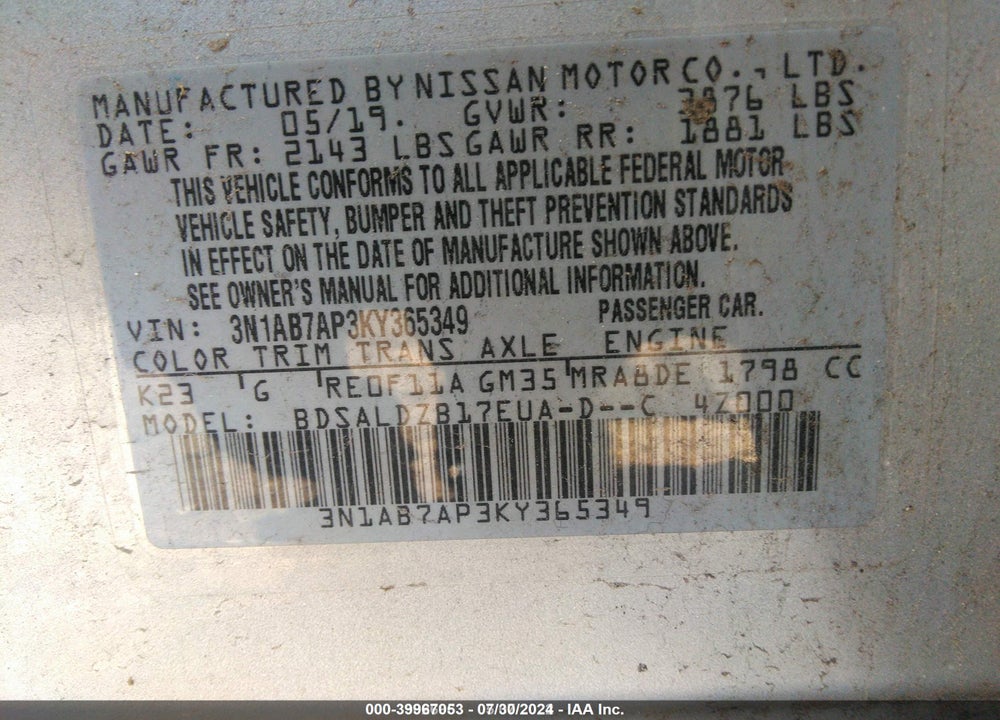 2019 NISSAN SENTRA VIN: 3N1AB7AP3KY365349
