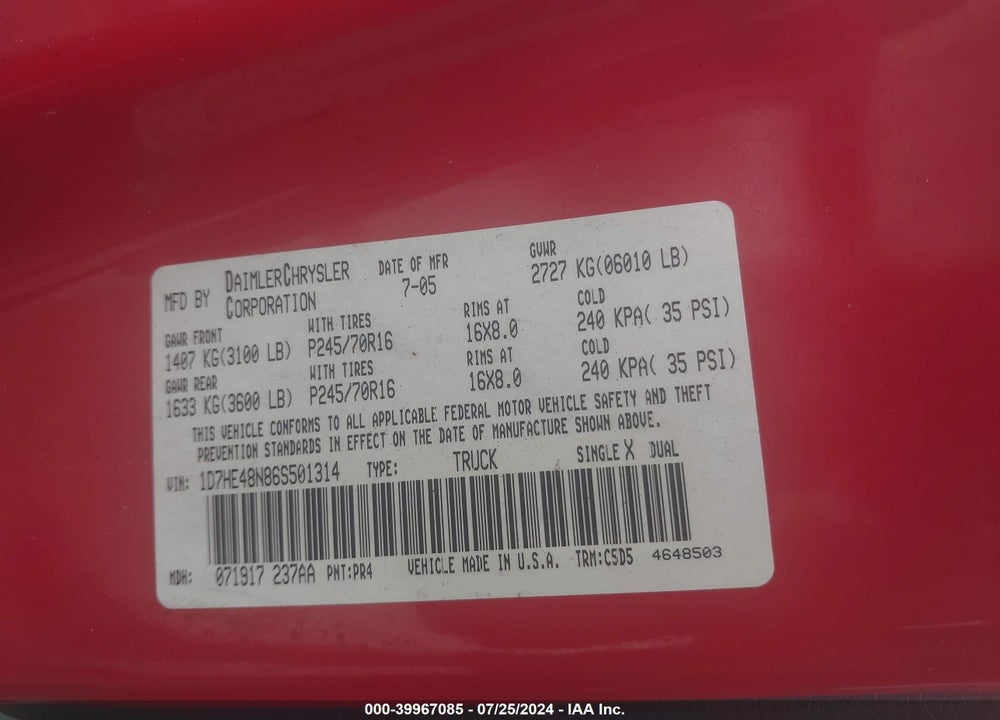 2006 DODGE DAKOTA SLT VIN: 1D7HE48N86S501314