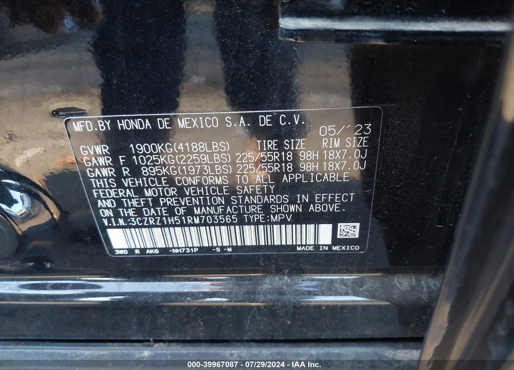 2024 HONDA HR-V 2WD SPORT/2WD SPORT W/O BSI VIN: 3CZRZ1H51RM703565
