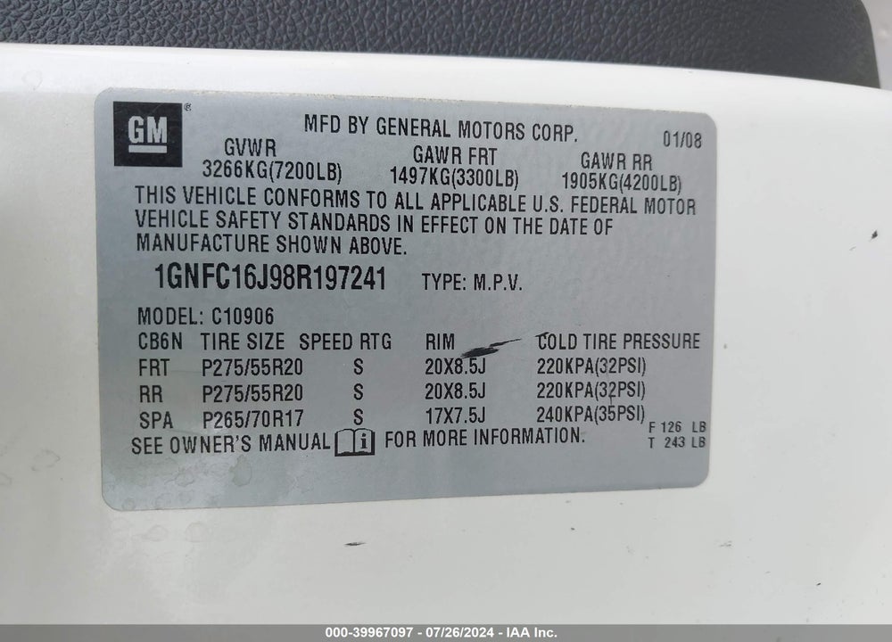 2008 CHEVROLET SUBURBAN 1500 LTZ VIN: 1GNFC16J98R197241