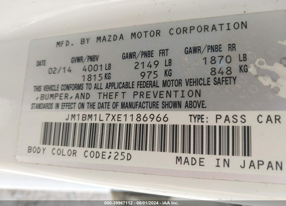 2014 MAZDA 3 I TOURING VIN: JM1BM1L7XE1186966