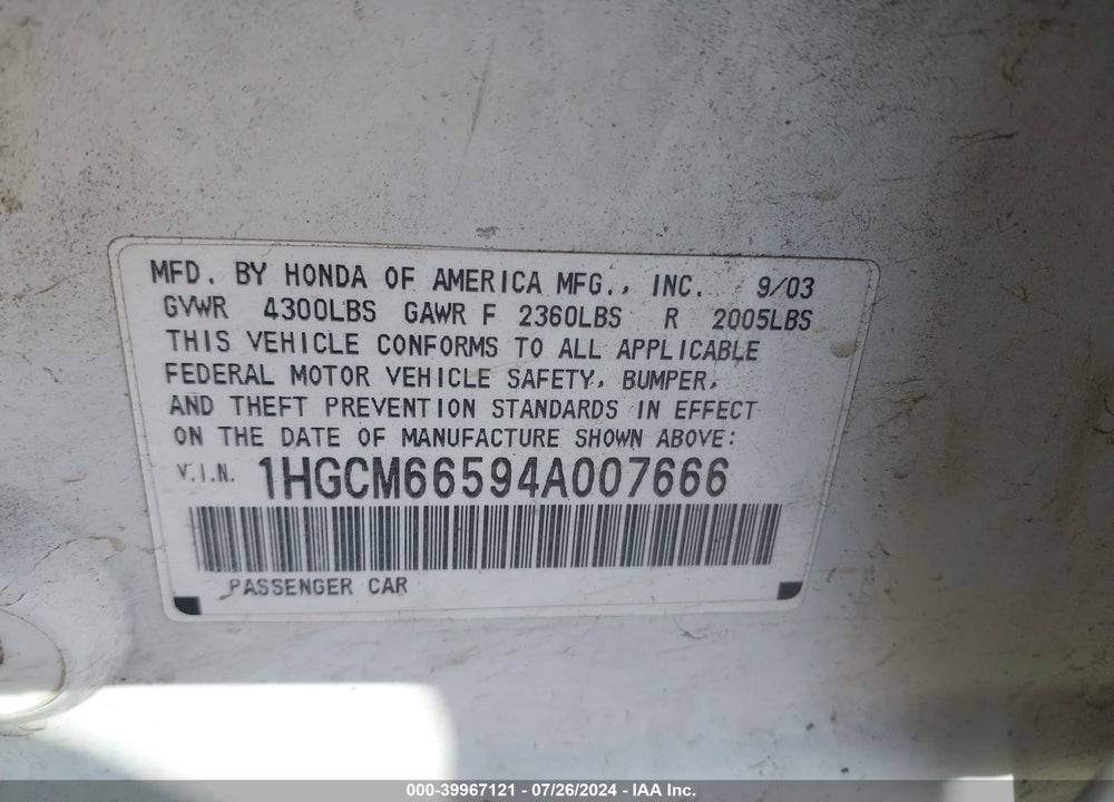 2004 HONDA ACCORD 3.0 EX VIN: 1HGCM66594A007666