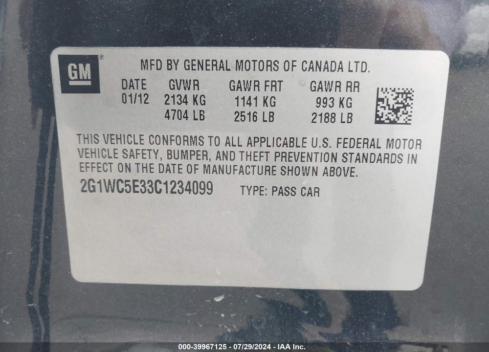 2012 CHEVROLET IMPALA LTZ VIN: 2G1WC5E33C1234099