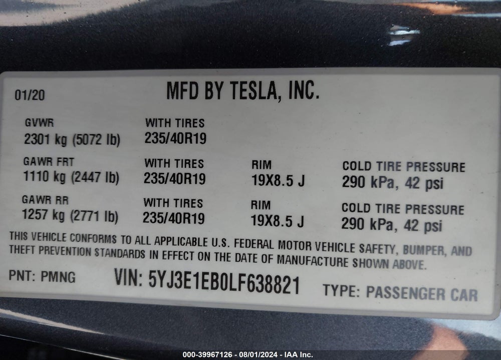2020 TESLA MODEL 3 LONG RANGE DUAL MOTOR ALL-WHEEL DRIVE VIN: 5YJ3E1EB0LF638821