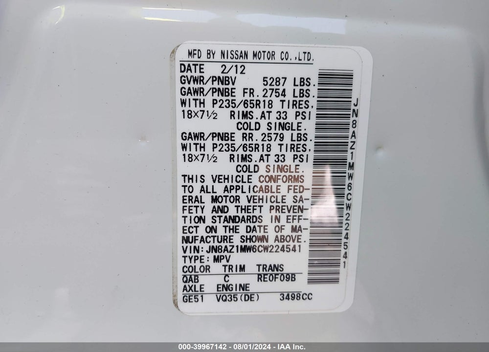 2012 NISSAN MURANO VIN: JN8AZ1MW6CW224541