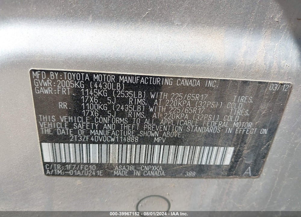 2012 TOYOTA RAV4 VIN: 2T3ZF4DV0CW114888