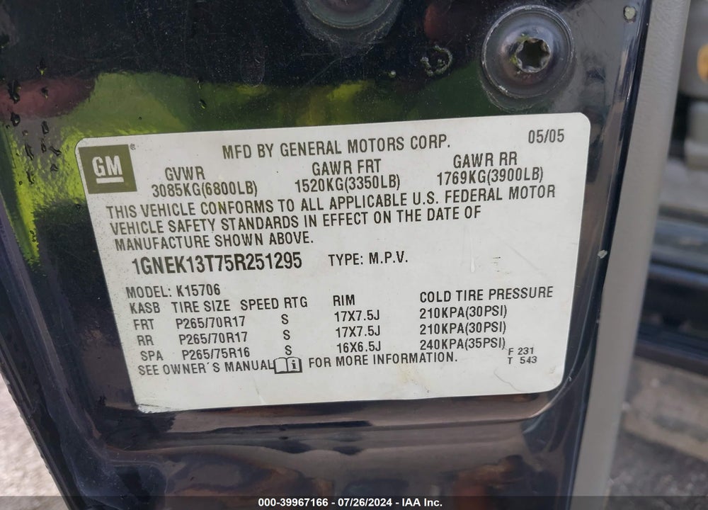 2005 CHEVROLET TAHOE Z71 VIN: 1GNEK13T75R251295