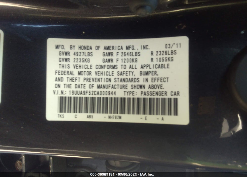 2012 ACURA TL 3.7 VIN: 19UUA9F52CA000944