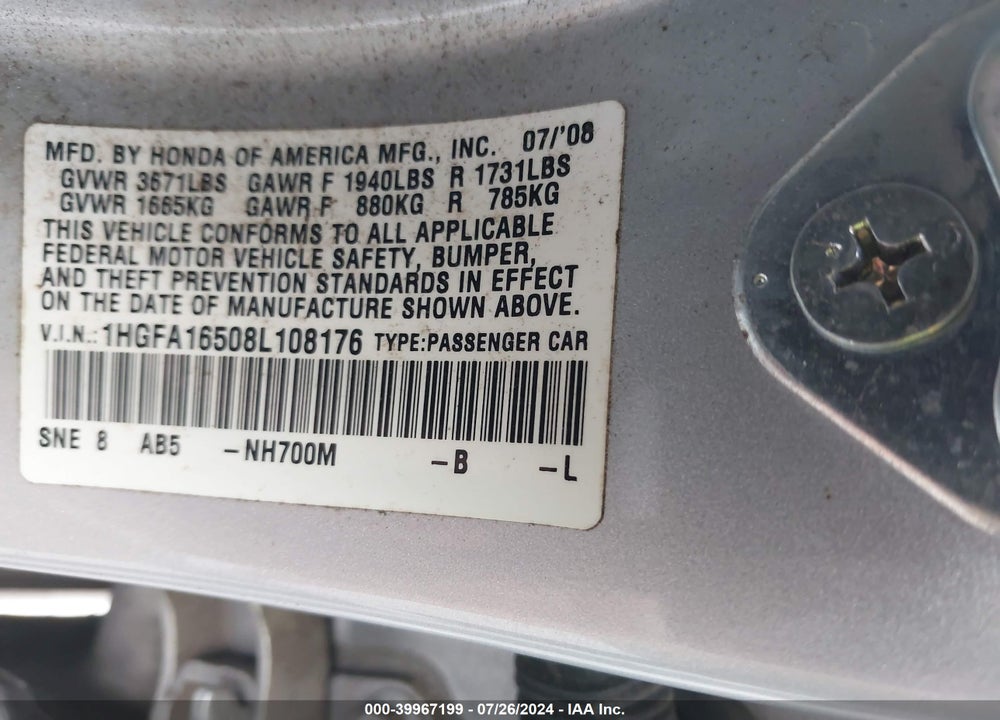 2008 HONDA CIVIC SDN LX VIN: 1HGFA16508L108176