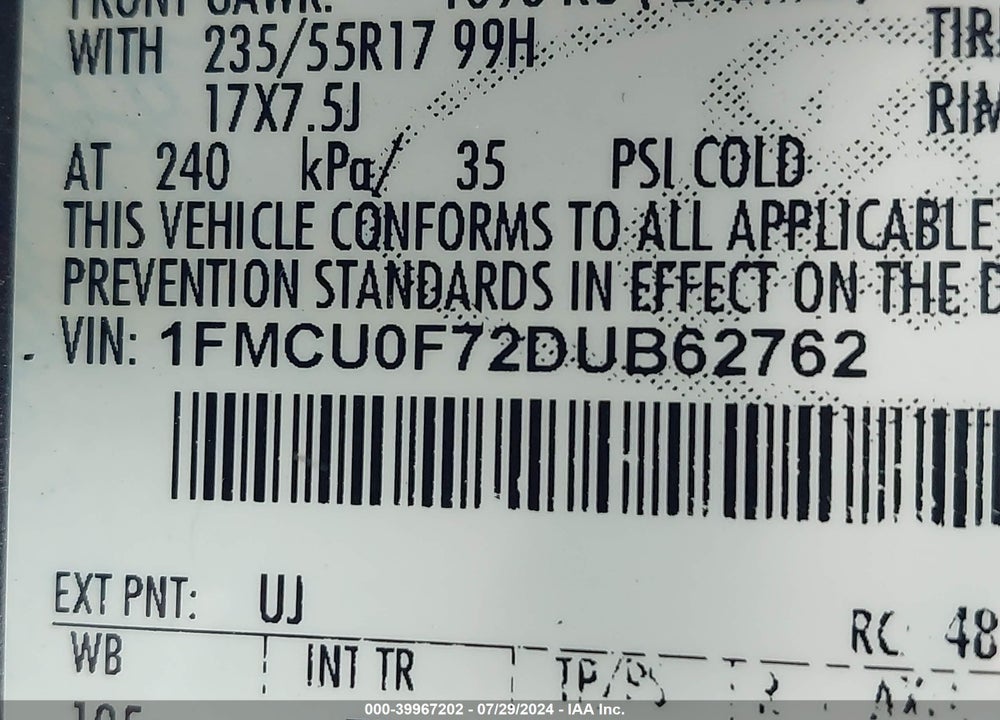 2013 FORD ESCAPE VIN: 1FMCU0F72DUB62762