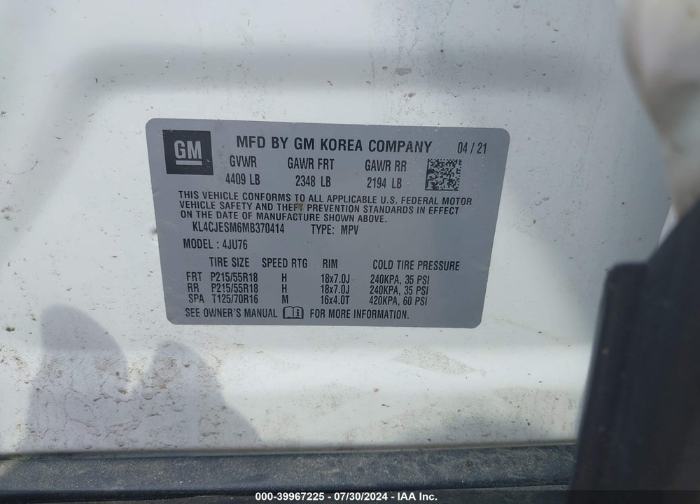 2021 BUICK ENCORE AWD PREFERRED VIN: KL4CJESM6MB370414