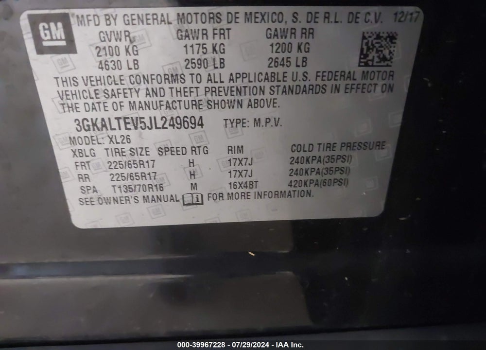 2018 GMC TERRAIN SLE VIN: 3GKALTEV5JL249694