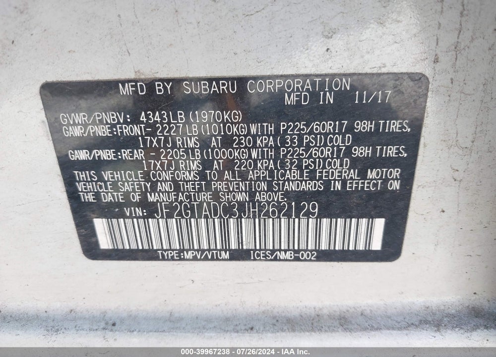 2018 SUBARU CROSSTREK 2.0I PREMIUM VIN: JF2GTADC3JH262129