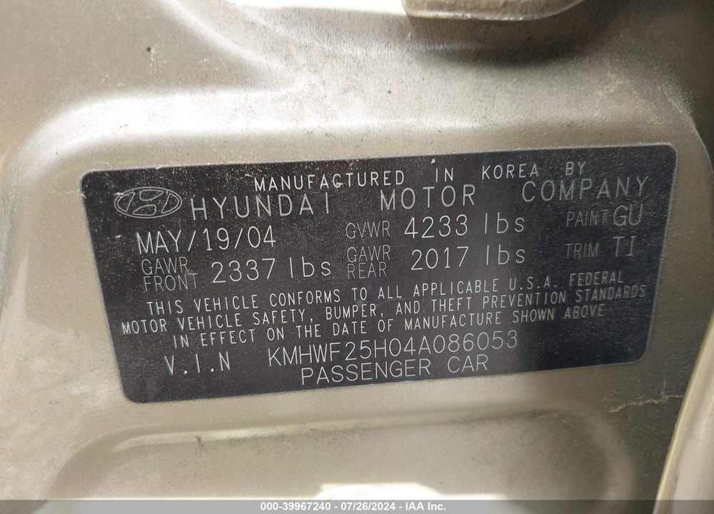 2004 HYUNDAI SONATA VIN: KMHWF25H04A086053