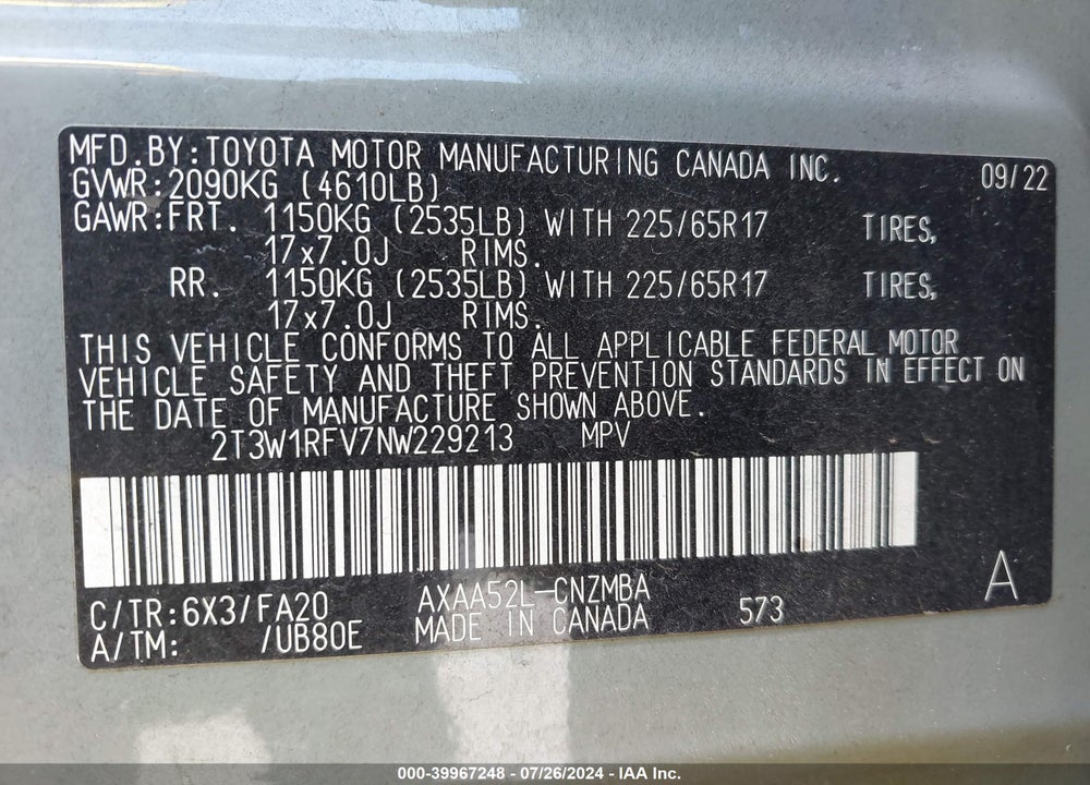 2022 TOYOTA RAV4 XLE VIN: 2T3W1RFV7NW229213