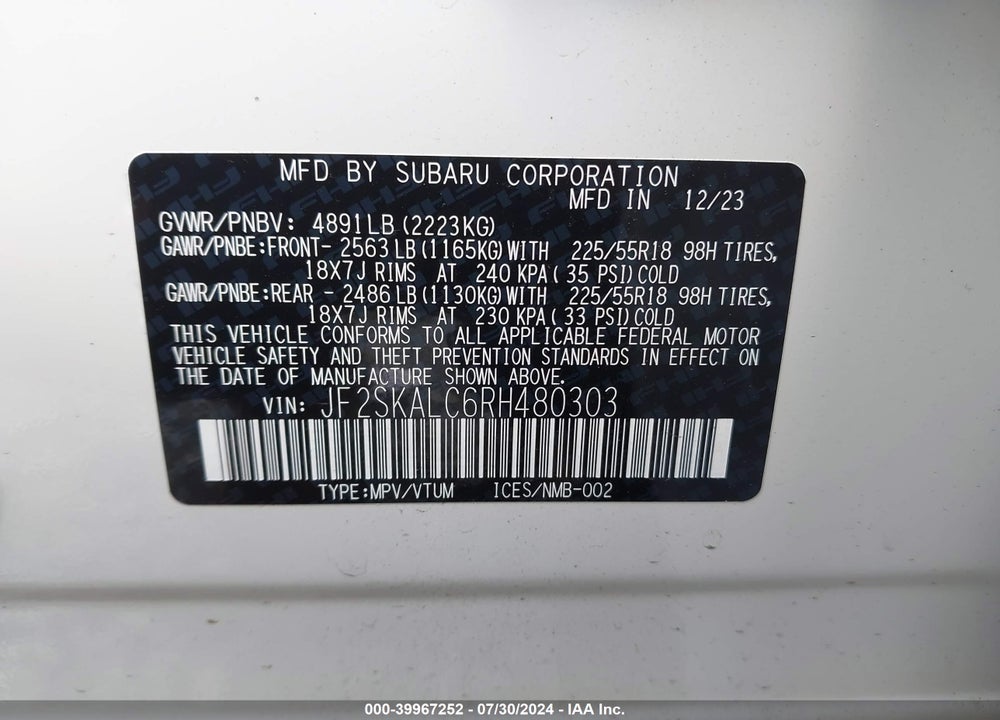 2024 SUBARU FORESTER LIMITED VIN: JF2SKALC6RH480303