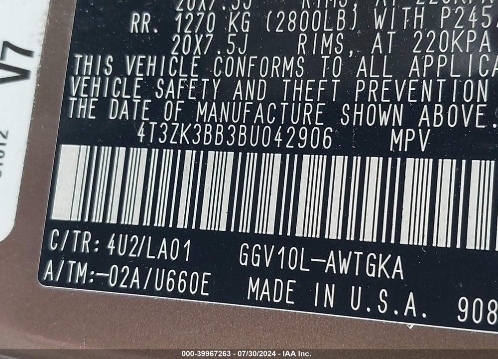 2011 TOYOTA VENZA BASE V6 VIN: 4T3ZK3BB3BU042906
