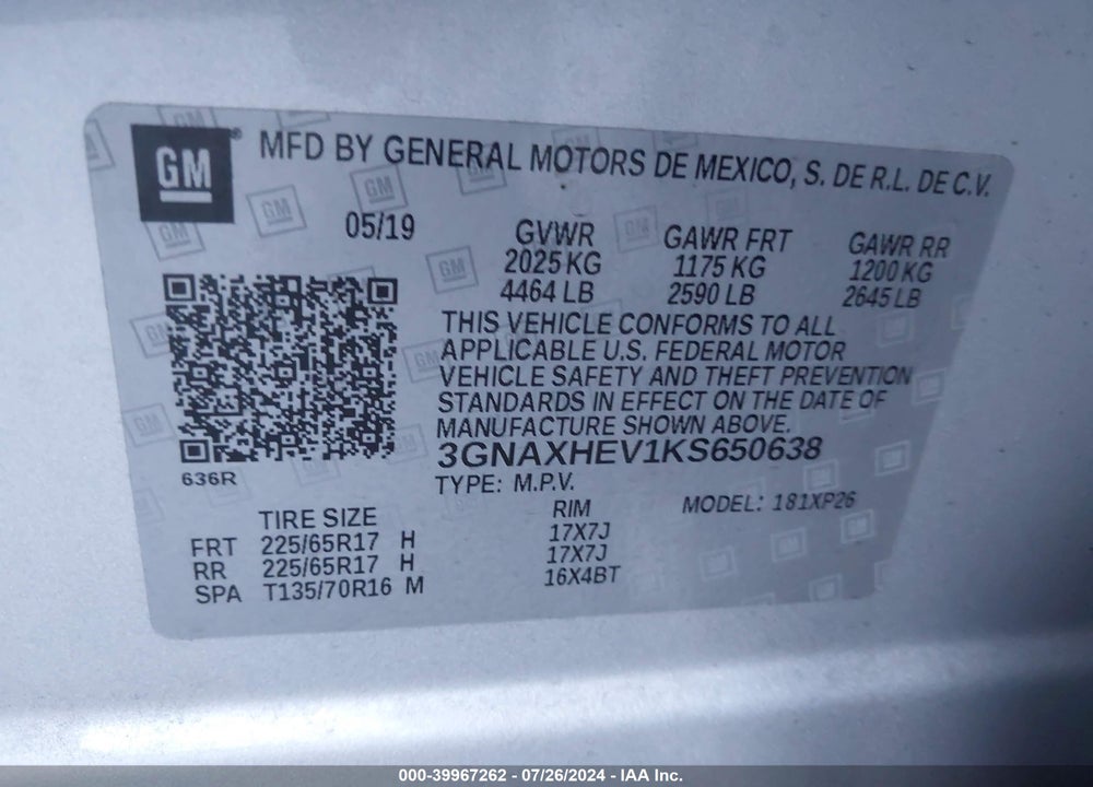 2019 CHEVROLET EQUINOX LS VIN: 3GNAXHEV1KS650638