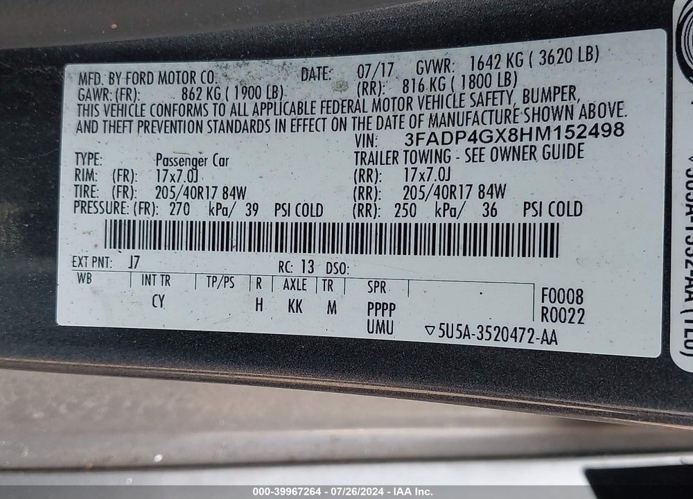 2017 FORD FIESTA ST VIN: 3FADP4GX8HM152498