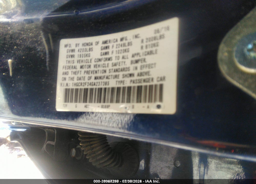2016 HONDA ACCORD VIN: 1HGCR2F34GA237385