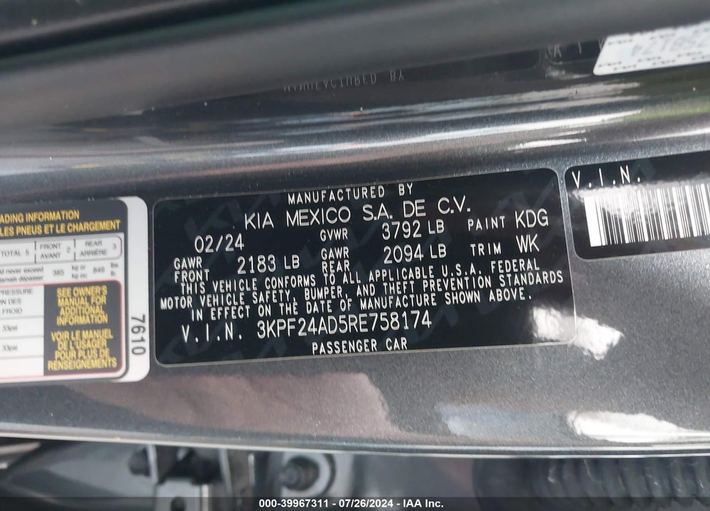 2024 KIA FORTE LXS VIN: 3KPF24AD5RE758174