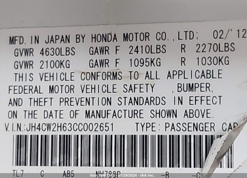 2012 ACURA TSX 2.4 VIN: JH4CW2H63CC002651
