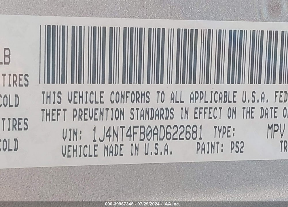 2010 JEEP COMPASS SPORT VIN: 1J4NT4FB0AD622681