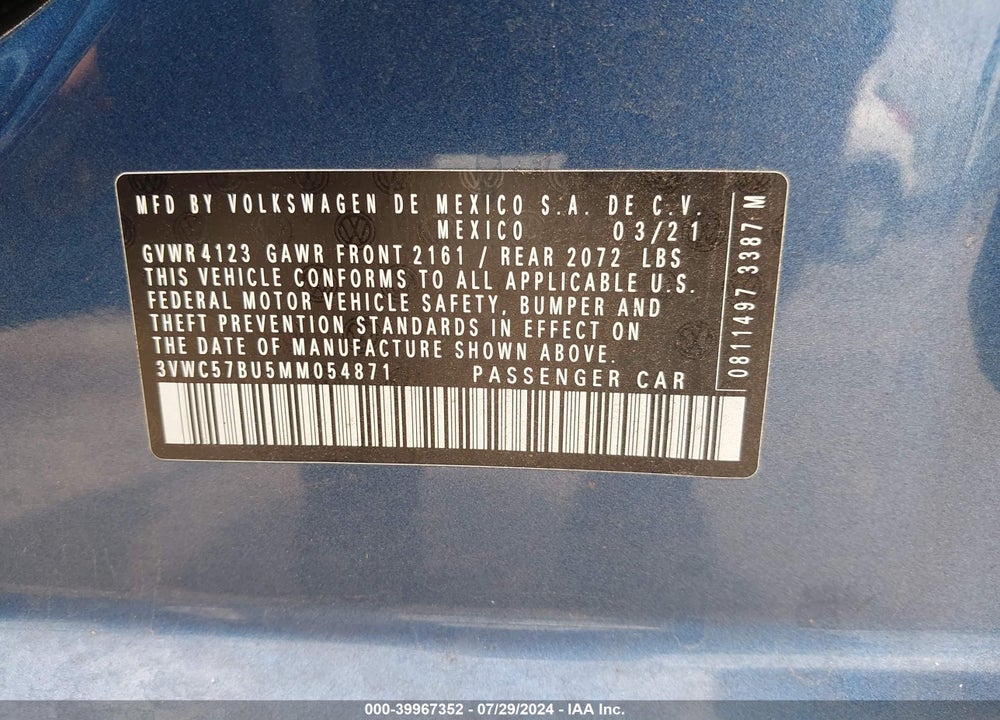 2021 VOLKSWAGEN JETTA 1.4T R-LINE/1.4T S/1.4T SE VIN: 3VWC57BU5MM054871