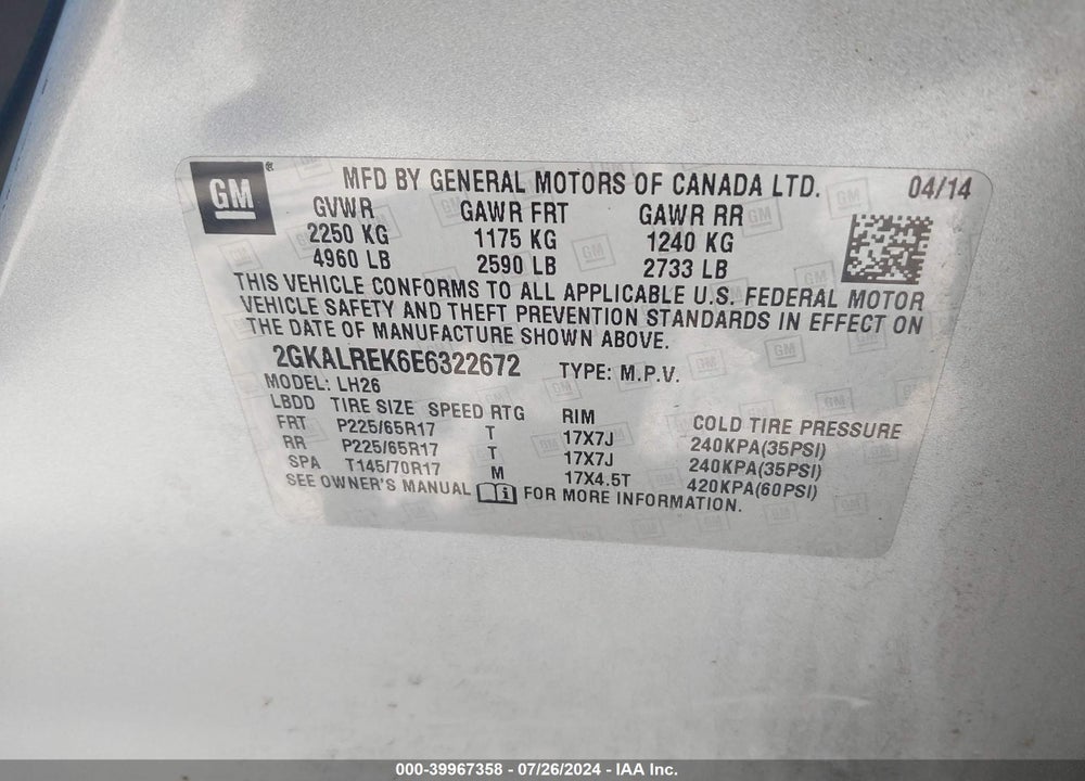 2014 GMC TERRAIN SLE-2 VIN: 2GKALREK6E6322672