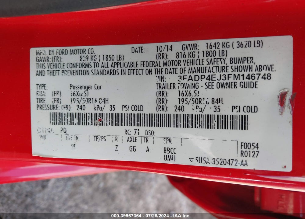 2015 FORD FIESTA SE VIN: 3FADP4EJ3FM146748