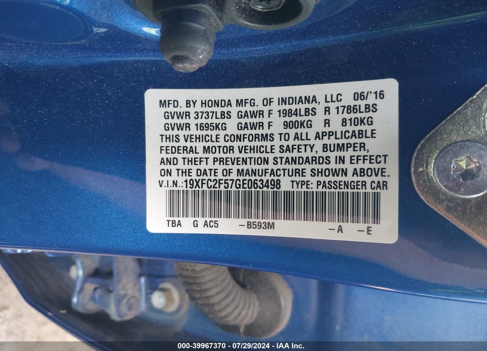 2016 HONDA CIVIC LX VIN: 19XFC2F57GE063498