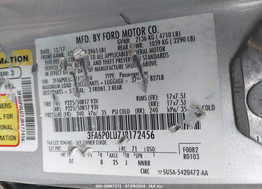 2018 FORD FUSION HYBRID SE VIN: 3FA6P0LU7JR172456