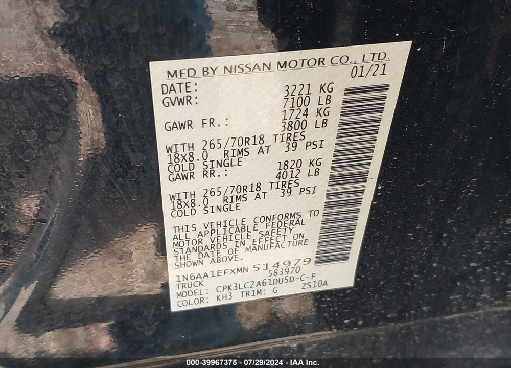 2021 NISSAN TITAN SV 4X2 VIN: 1N6AA1EFXMN514979