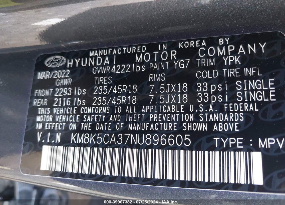 2022 HYUNDAI KONA LIMITED VIN: KM8K5CA37NU896605