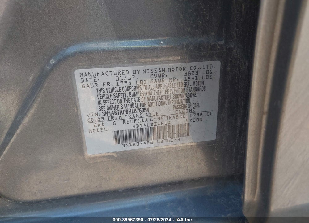 2017 NISSAN SENTRA SV VIN: 3N1AB7AP8HL676054