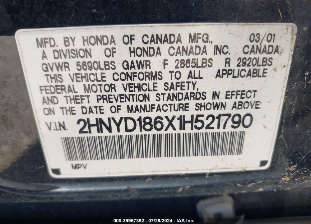 2001 ACURA MDX VIN: 2HNYD186X1H521790