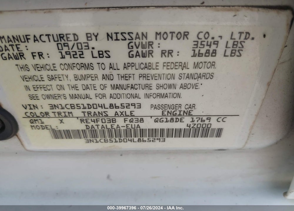 2004 NISSAN SENTRA VIN: 3N1CB51D04L865293