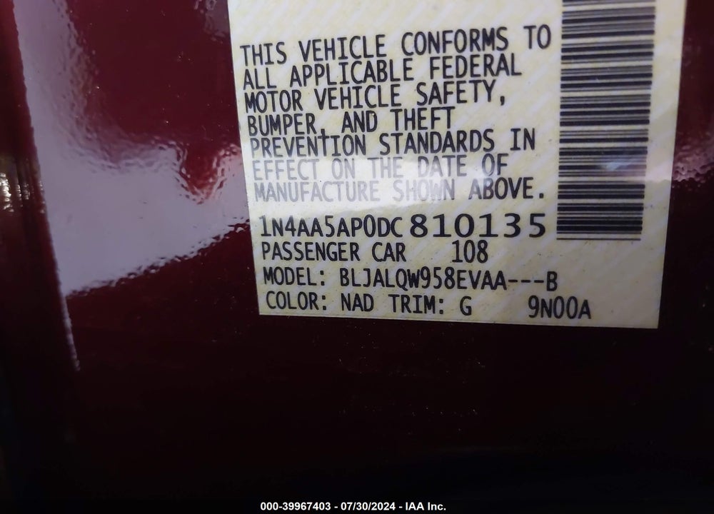 2013 NISSAN MAXIMA 3.5 S VIN: 1N4AA5AP0DC810135