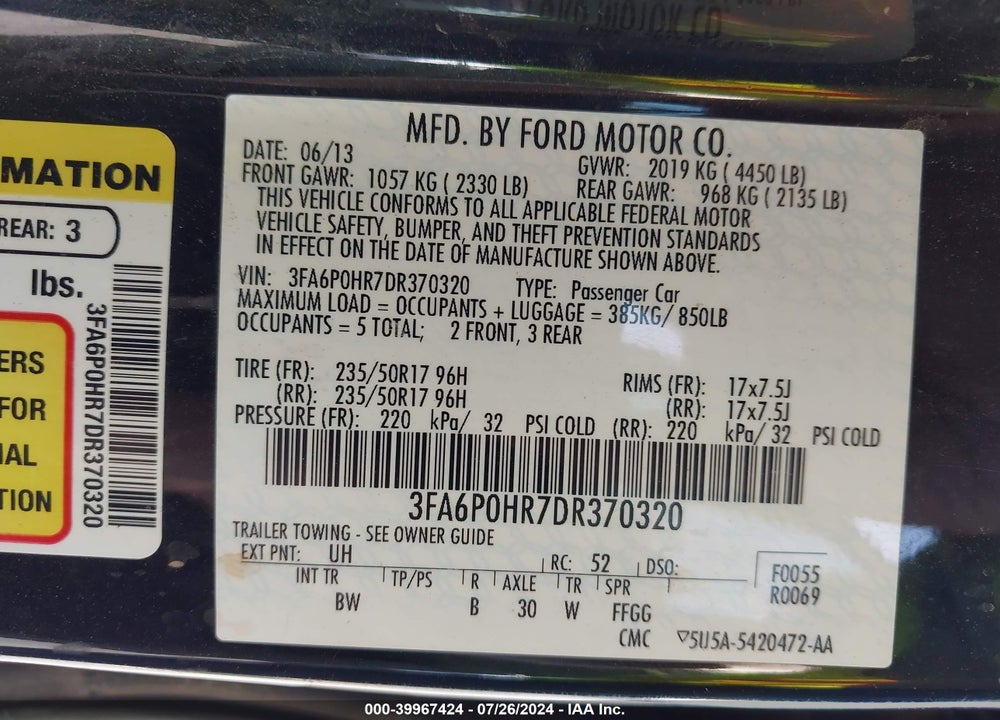 2013 FORD FUSION SE VIN: 3FA6P0HR7DR370320