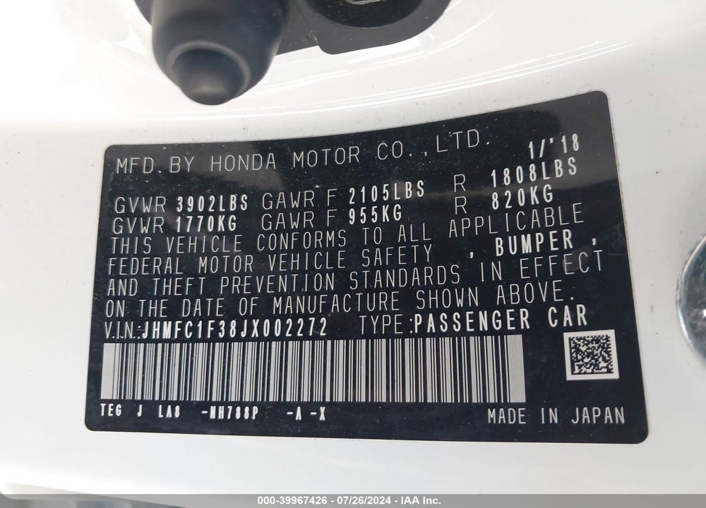2018 HONDA CIVIC EX-T VIN: JHMFC1F38JX002272