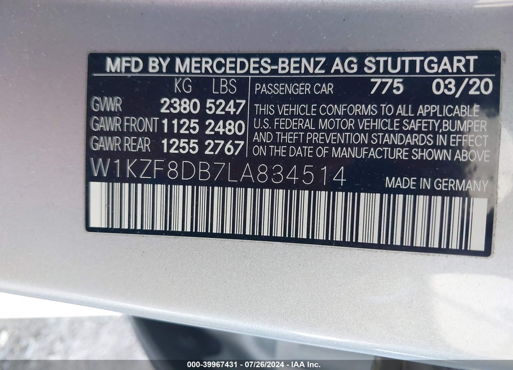 2020 MERCEDES-BENZ E 350 VIN: W1KZF8DB7LA834514